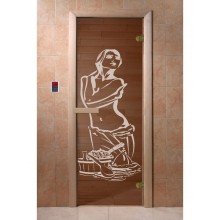 Дверь стеклянная DoorWood 700*1900 "Искушение Бронза" стекло бронза прозрачная 6 мм, коробка хвоя, деревянная ручка